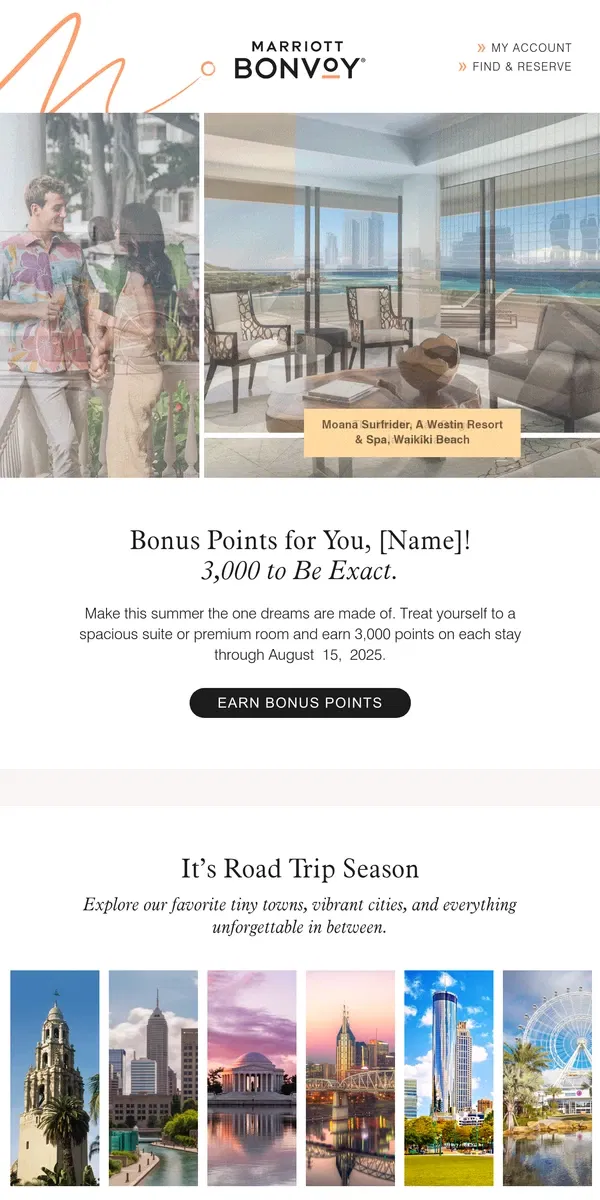 Email from Marriott Bonvoy. [Name], Earn 3,000 Bonus Points on Your Next Stay 🥳