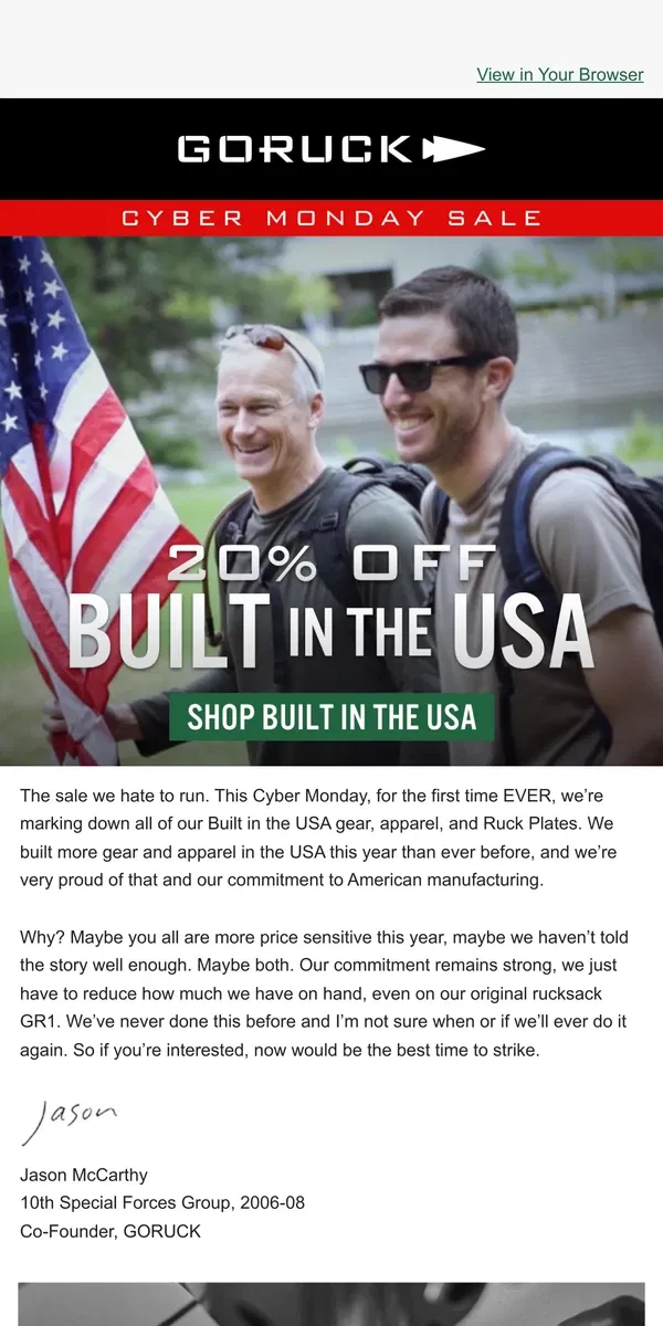 Email from GORUCK. 20% OFF Built in the USA - One Day Only