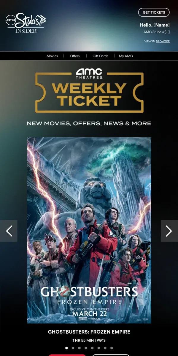 Email from AMC Theatres. [Name], Your Weekly Ticket Is Here