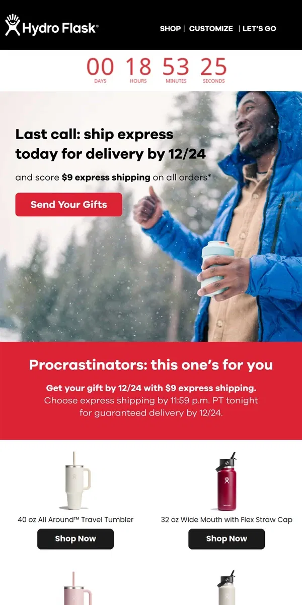 Email from Hydro Flask. Last call for delivery by 12/24