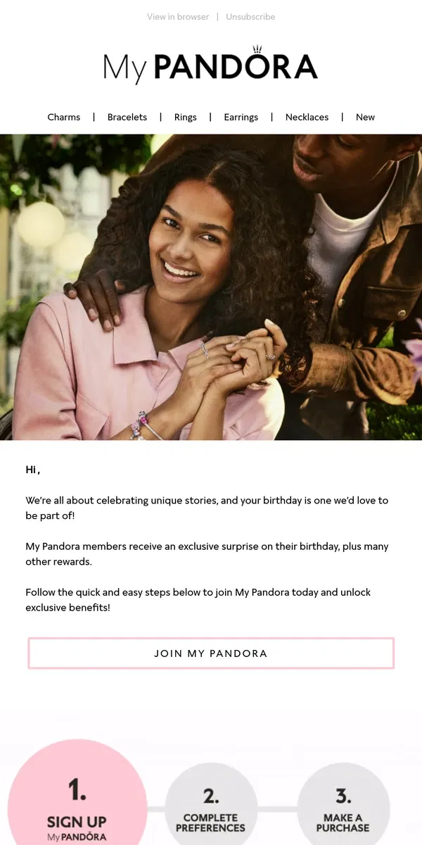 Email from Pandora Jewelry. Want exclusive rewards? 💌