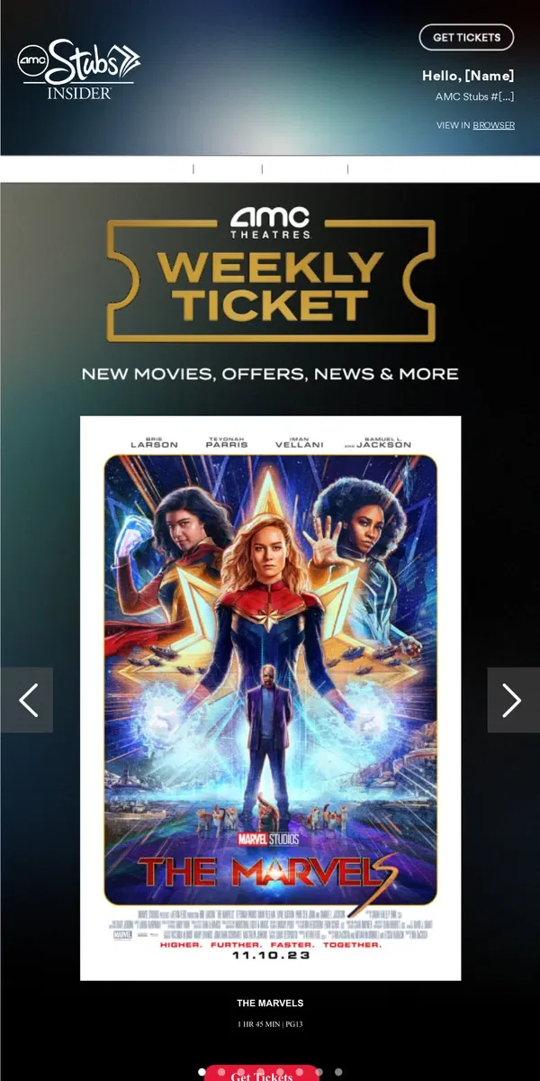 Email from AMC Theatres. [Name], Your Weekly Ticket Is Here