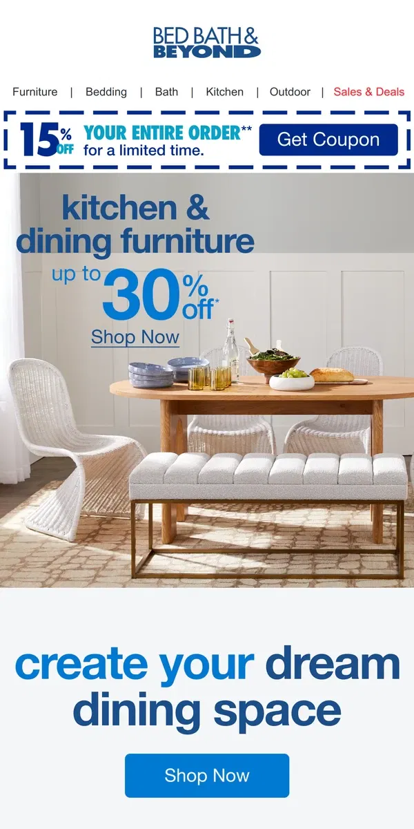 Email from Bed Bath & Beyond. Create Your Dream Dining Space & Save Up To 30%✨  