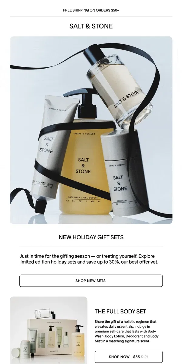 Email from SALT & STONE. Just In → Holiday Gift Sets