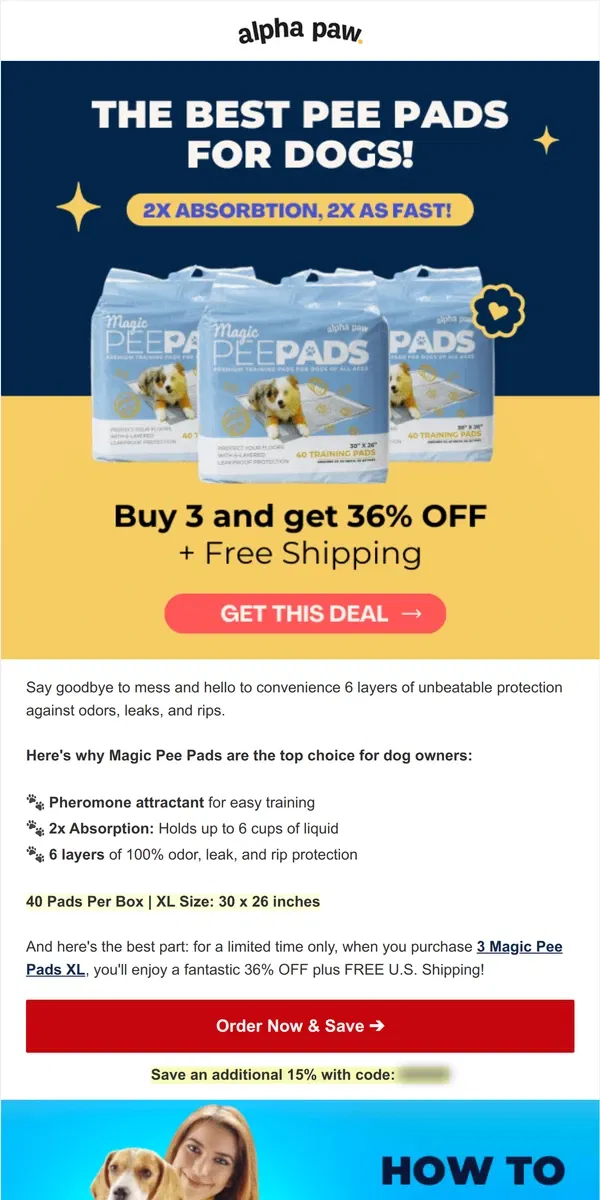 Email from Alpha Paw. ❗3 Magic Pee Pads = 36% OFF + Free Shipping 😱