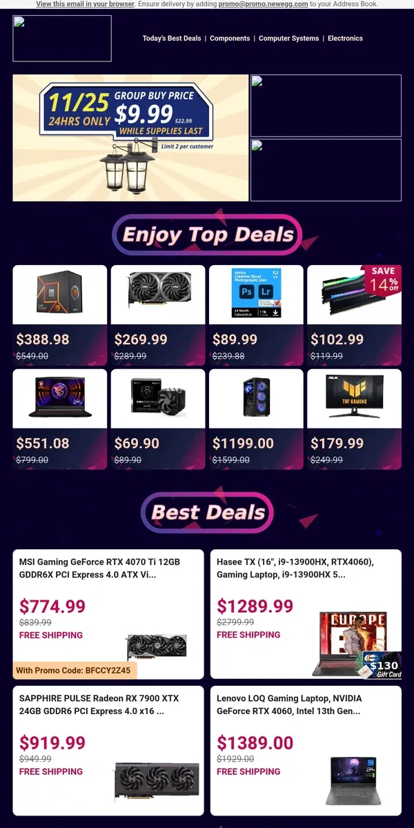 Email from Newegg. 🔥 $102.99 on G.SKILL Trident Z5 RGB F5-6000J3636F16GX2-TZ5RK – Unbeatable Deal! 💥