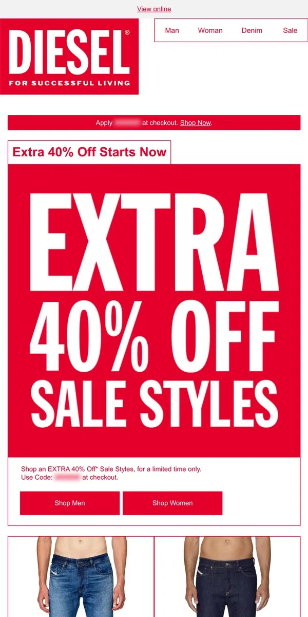 Email from Diesel. Online Only: Extra 40% Off Starts Now