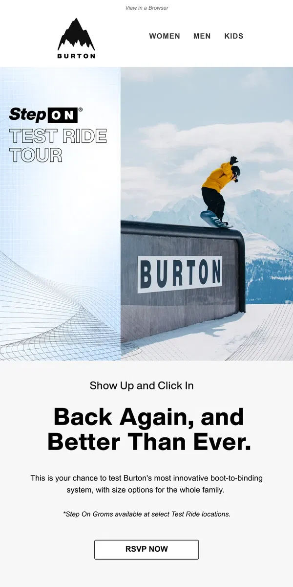 Email from Burton. Take Step On For a Free Test Ride