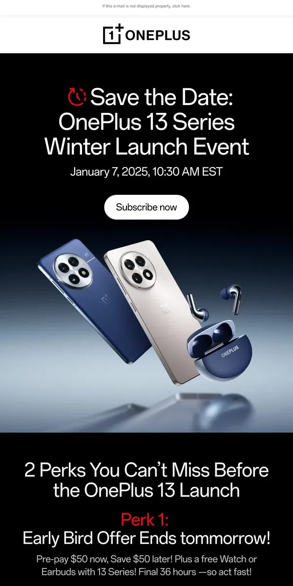 Email from OnePlus. Save the Date: OnePlus 13 Series Winter Launch Event