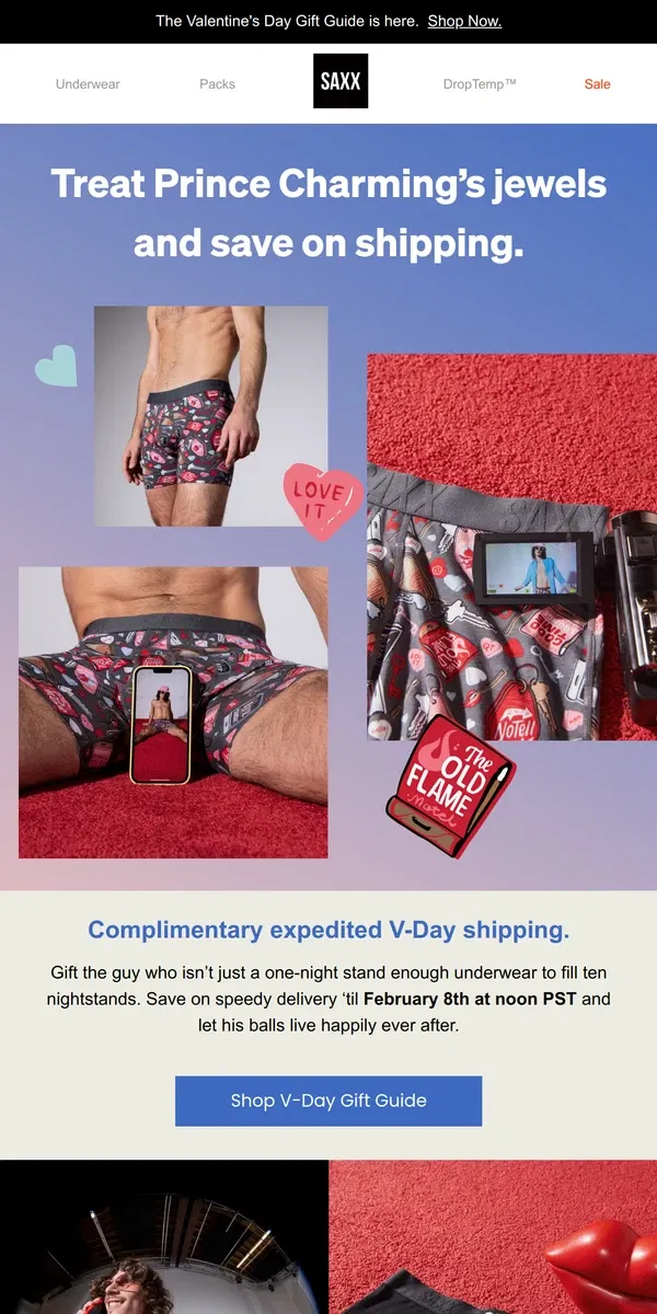 Email from SAXX Underwear. Complimentary expedited V-Day shipping 💌⚡️