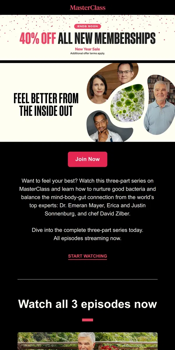 Email from Masterclass. NEW: Gut Health—How to live better in today’s world