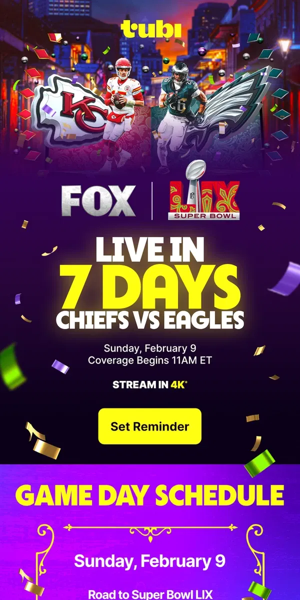 Email from Tubi. The 1-week countdown to Super Bowl LIX is on!