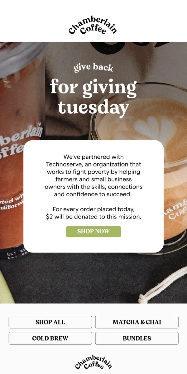 Email from Chamberlain Coffee. we're giving back