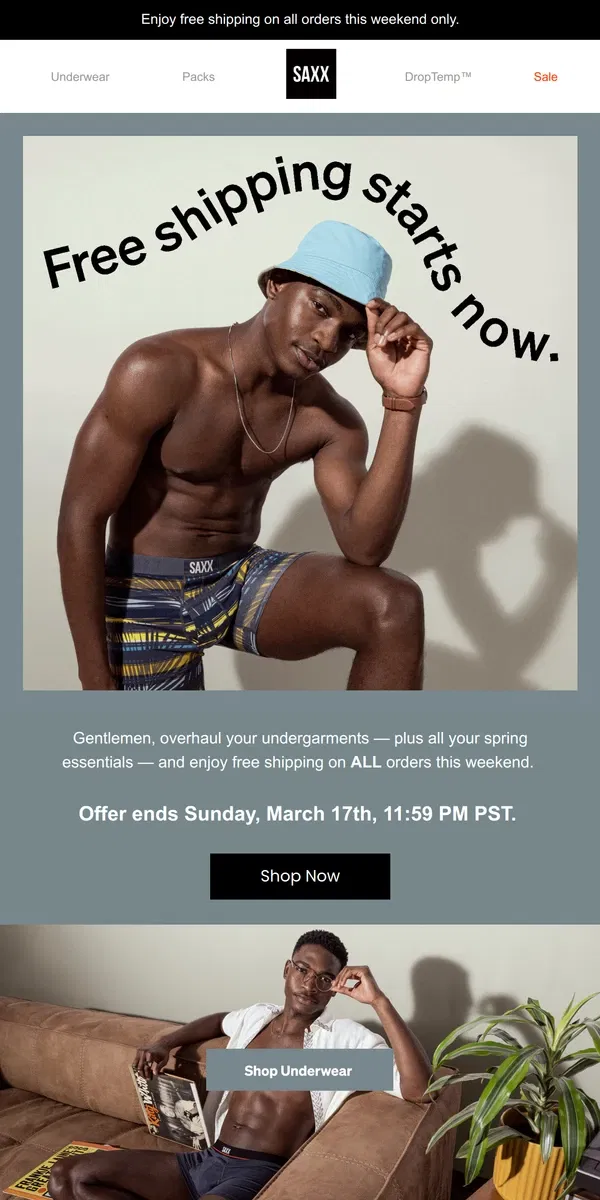 Email from SAXX Underwear. Enjoy free shipping on all orders this weekend