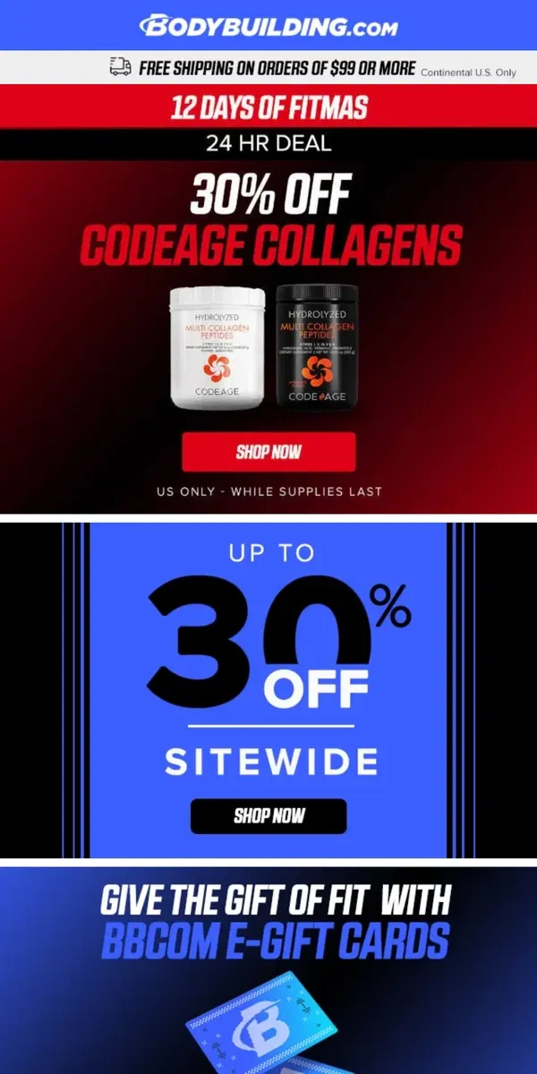 Email from Bodybuilding.com. 💪 BIG BCAA Deals! + TODAY ONLY: 30% OFF Codeage Collagens