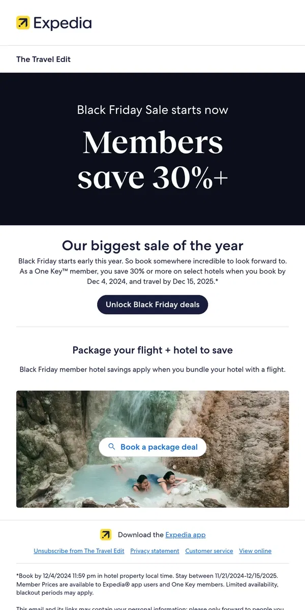 Email from Expedia. Black Friday starts now: Members get 30%+ off