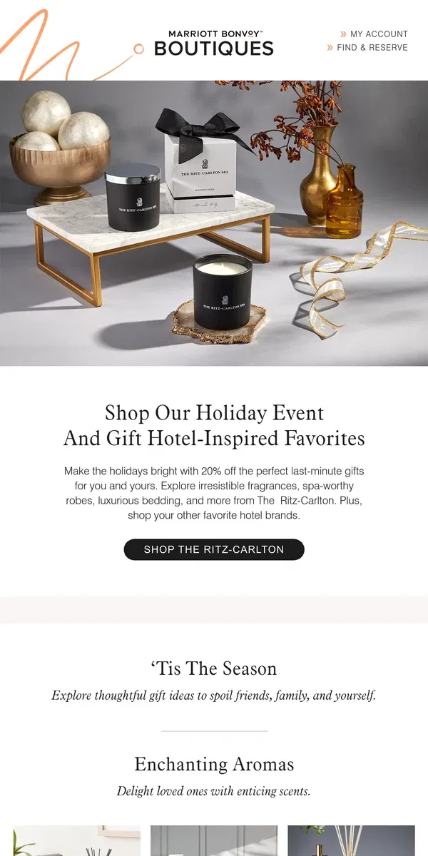 Email from Marriott Bonvoy. Unwrap Holiday Magic With Exclusive Home Fragrance, Robes, Bedding, and More From Your Favorite Brands