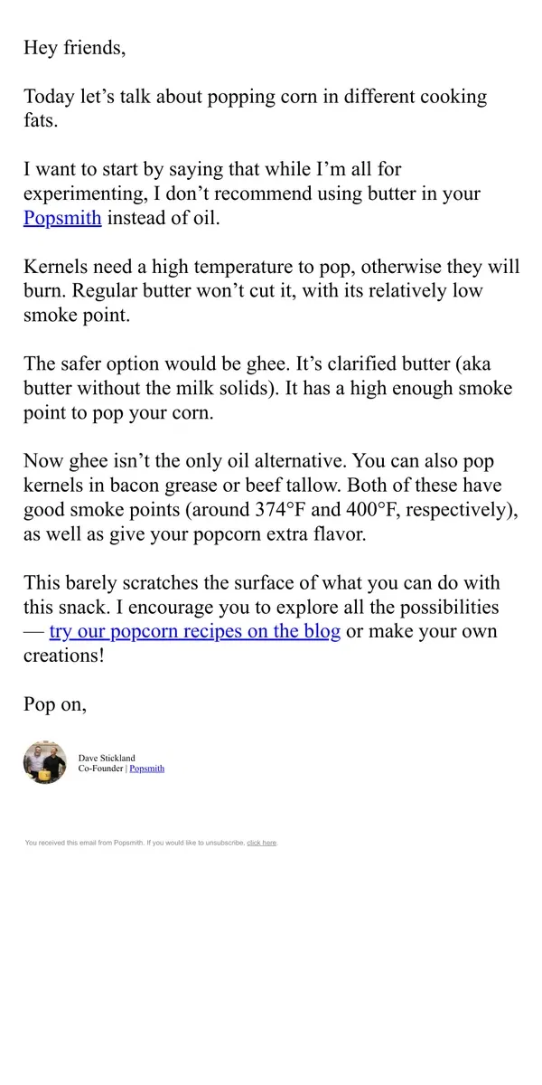 Email from Popsmith. Why butter isn't great for popping (but these alternatives are!)