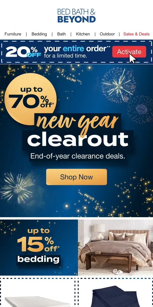 Email from Bed Bath & Beyond. The New Year Clearout is HERE 🥂🎉🥳