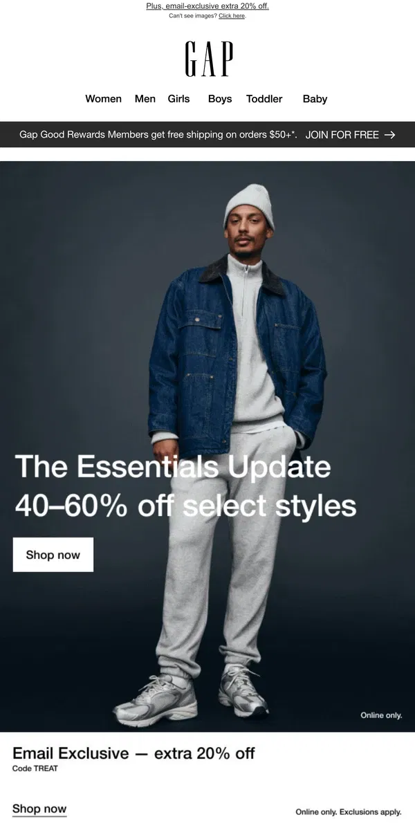 Email from GAP. 40–60% off: you're going to love these essentials