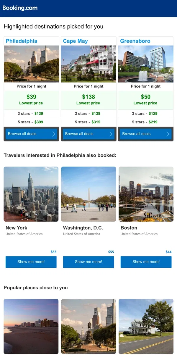 Email from Booking.com. Find the best prices for Philadelphia, Cape May, and more