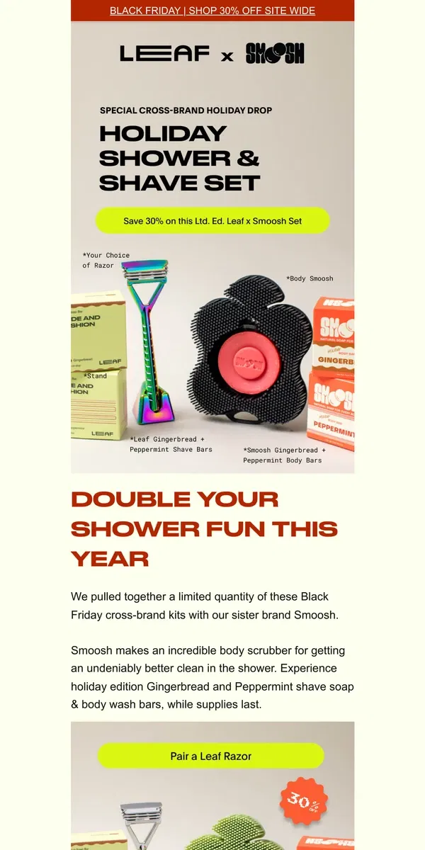 Email from Leaf Shave. NEW & Limited Holiday Cross Brand Set