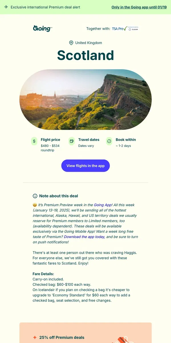 Email from Going. 🤩 *Premium* Scotland —  $480 to $534 (Jan-Apr / Sep-Dec)