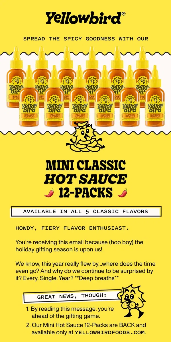 Email from Yellowbird. Mini 12-Packs are here 🌶️🔥