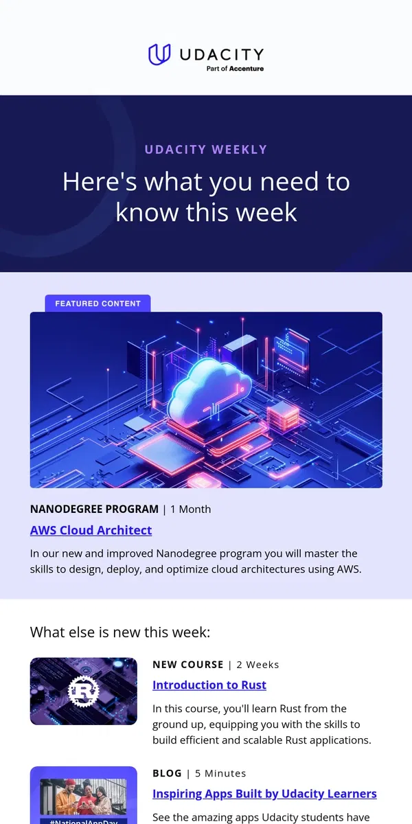 Email from Udacity. Udacity Weekly: New courses and fresh inspiration from Udacity
