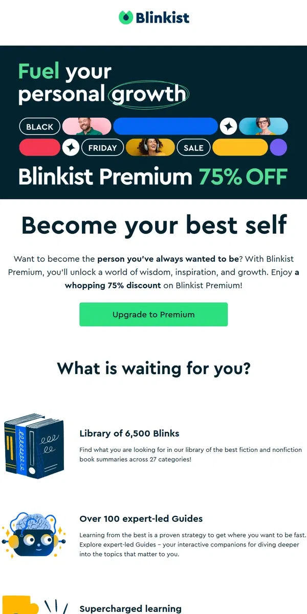 Email from Blinkist. ⚡🖤 [75% off] Become your best self with Blinkist Premium