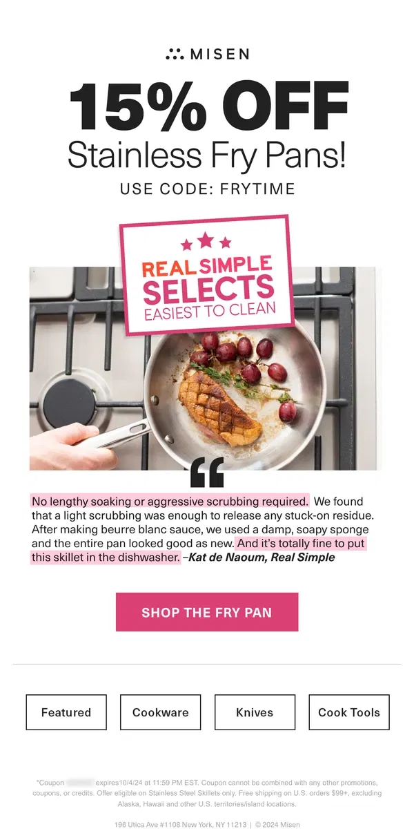 Email from Misen. Today only! Take 15% off our Stainless Skillets