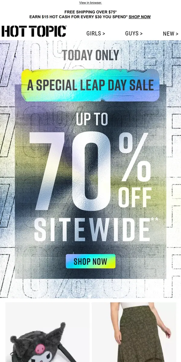 Email from Hot Topic. ‼️ Up to 70% Off sitewide. A sale 4 years in the making ‼️