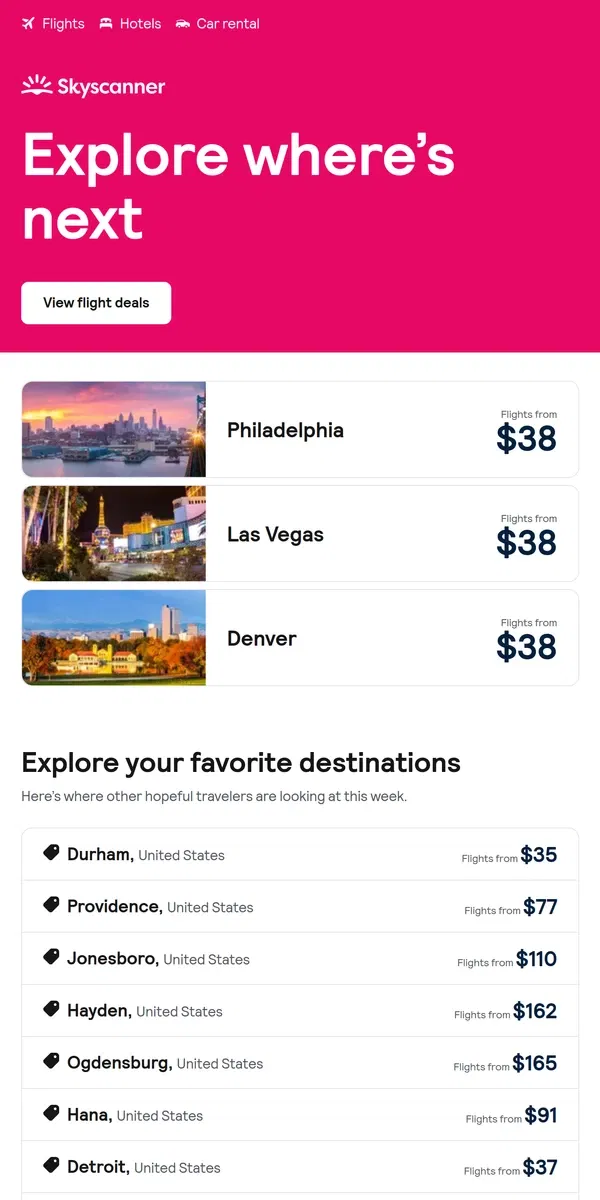 Email from Skyscanner. Philadelphia from $38 and more ✈️