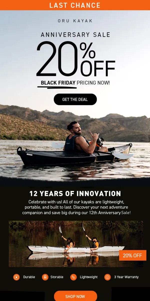 Email from Oru Kayak. Anniversary Sale Ends Tomorrow ‼️  20% Off Sitewide