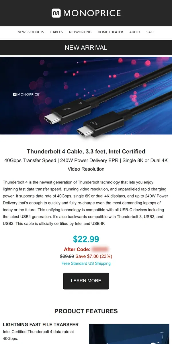 Email from Monoprice. NEW ARRIVAL | Thunderbolt 4 Cable, 1m, Intel Certified, USB4 Certified