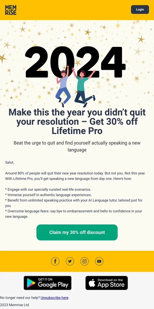 Email from Memrise. Make this the year you didn’t quit your resolution – Get 30% off Lifetime Pro