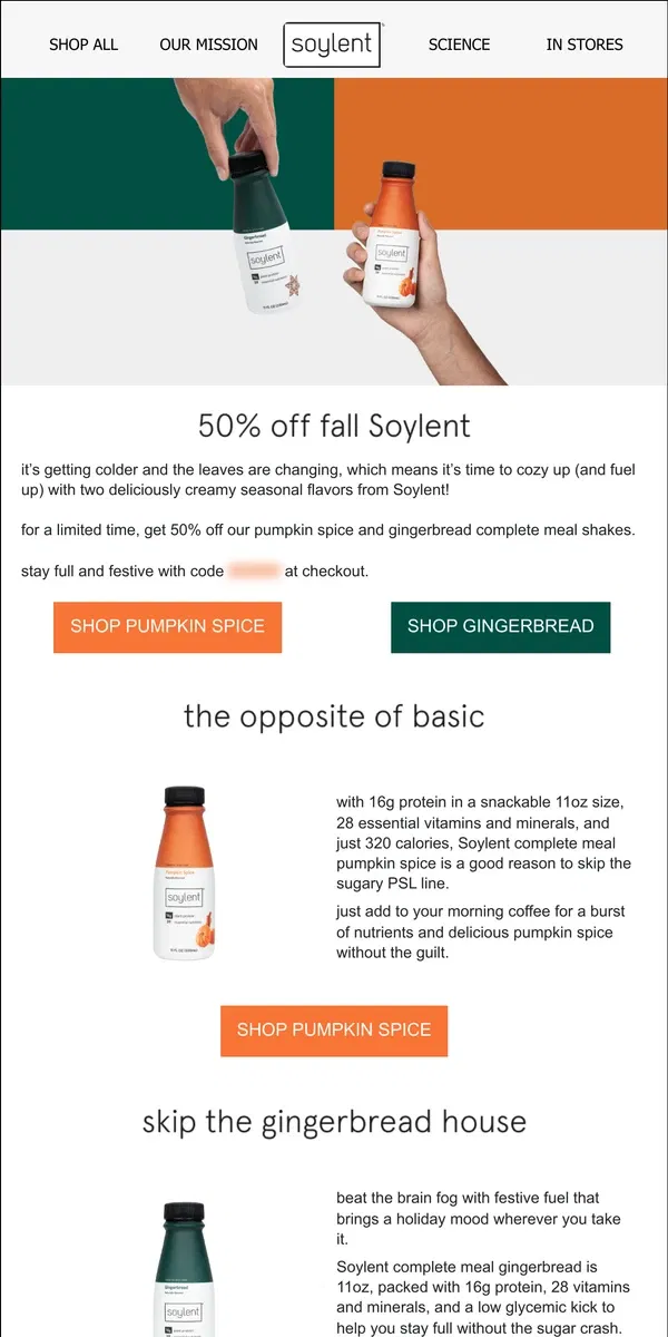 Email from Soylent. Soylent: 50% off fall fuel 🎃💪