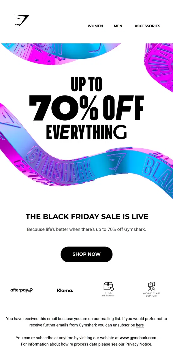 Email from Gymshark. Up to 70% off EVERYTHING