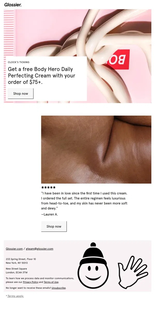 Email from Glossier. Ends tonight! Free Body Hero Daily Perfecting Cream