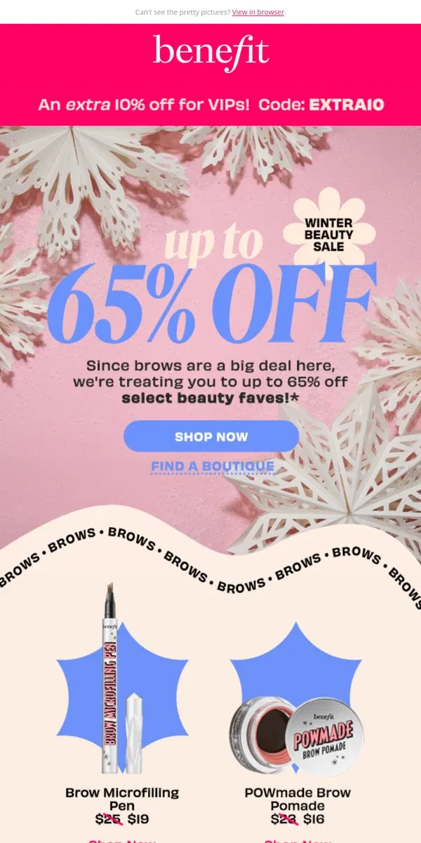 Email from Benefit Cosmetics. Shop up to 65% OFF beauty faves 🛍️