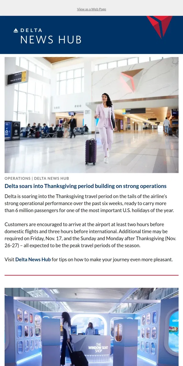 Email from Delta Air Lines. Tips for Thanksgiving travel, a new way to window shop + more