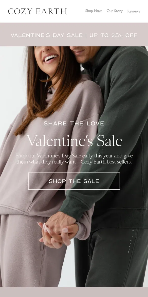 Email from Cozy Earth. Share The Love & Shop The Valentine's Day Sale