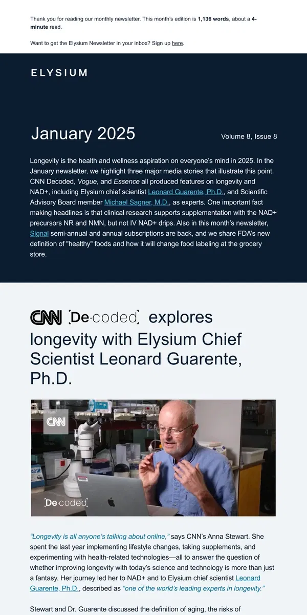 Email from Elysium Health. January Newsletter: CNN explores longevity with Leonard Guarente, Ph.D.