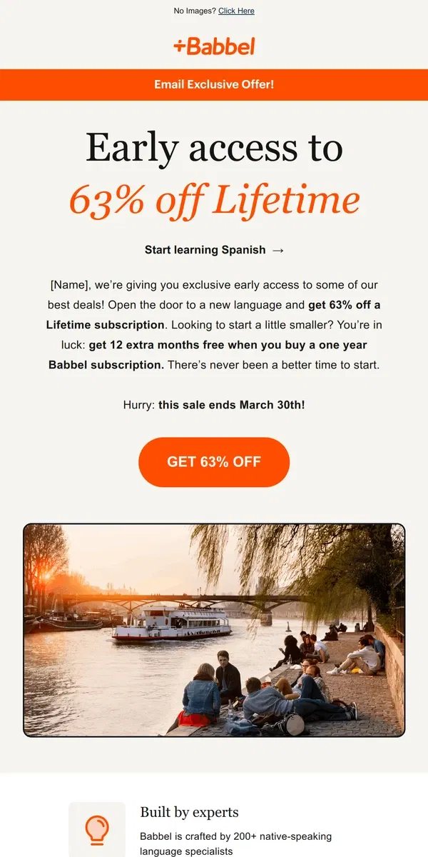 Email from Babbel. 🗣️ Psst… [Name], you’re getting early access to one of our best Lifetime deals!