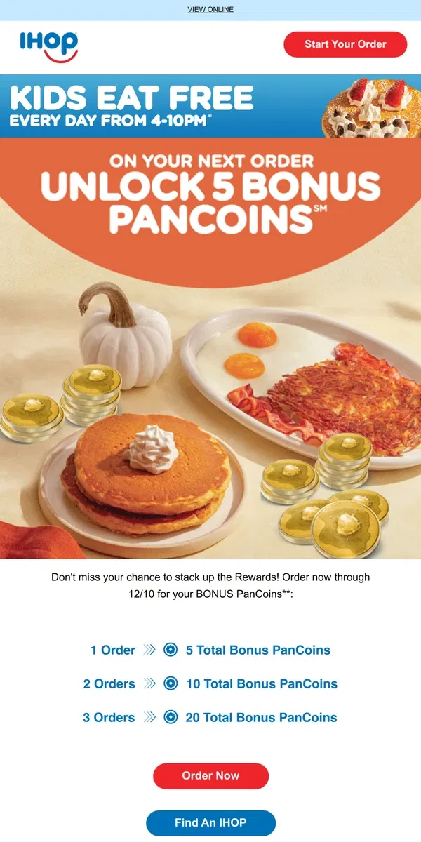 Email from IHOP. 5,10 and even 20 BONUS PanCoins℠ could be yours ✨