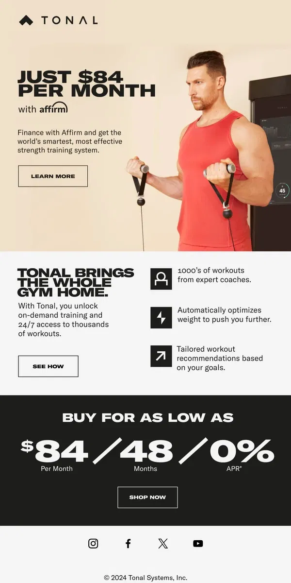 Email from Tonal. Get Tonal for just $84/month