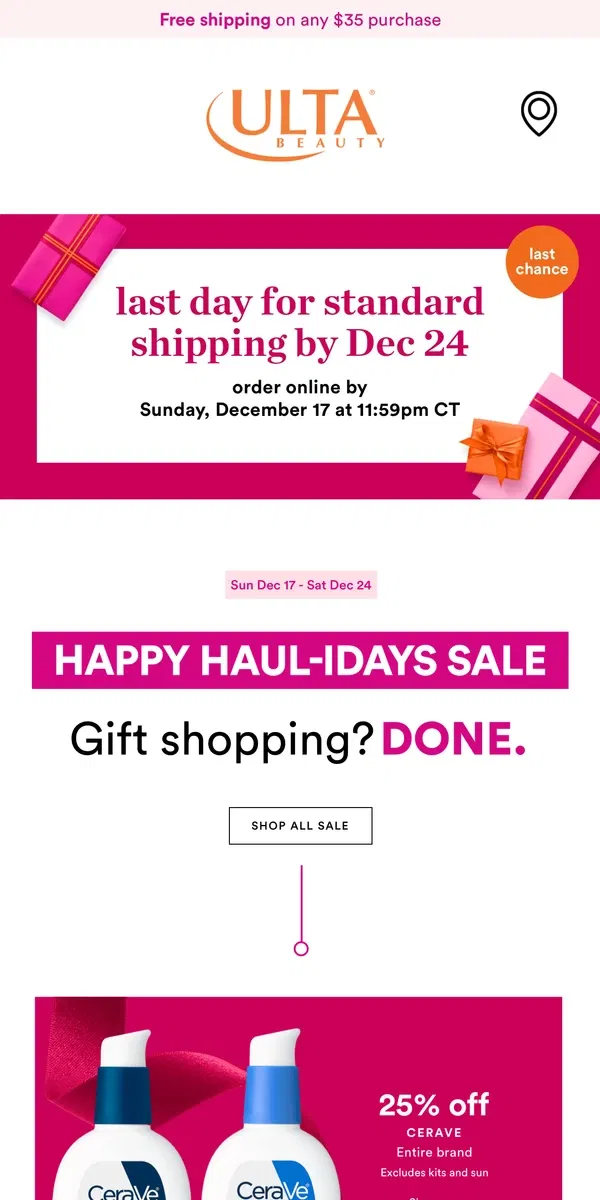 Email from Ulta Beauty. Up to 50% off *new* Happy Haul-idays deals!