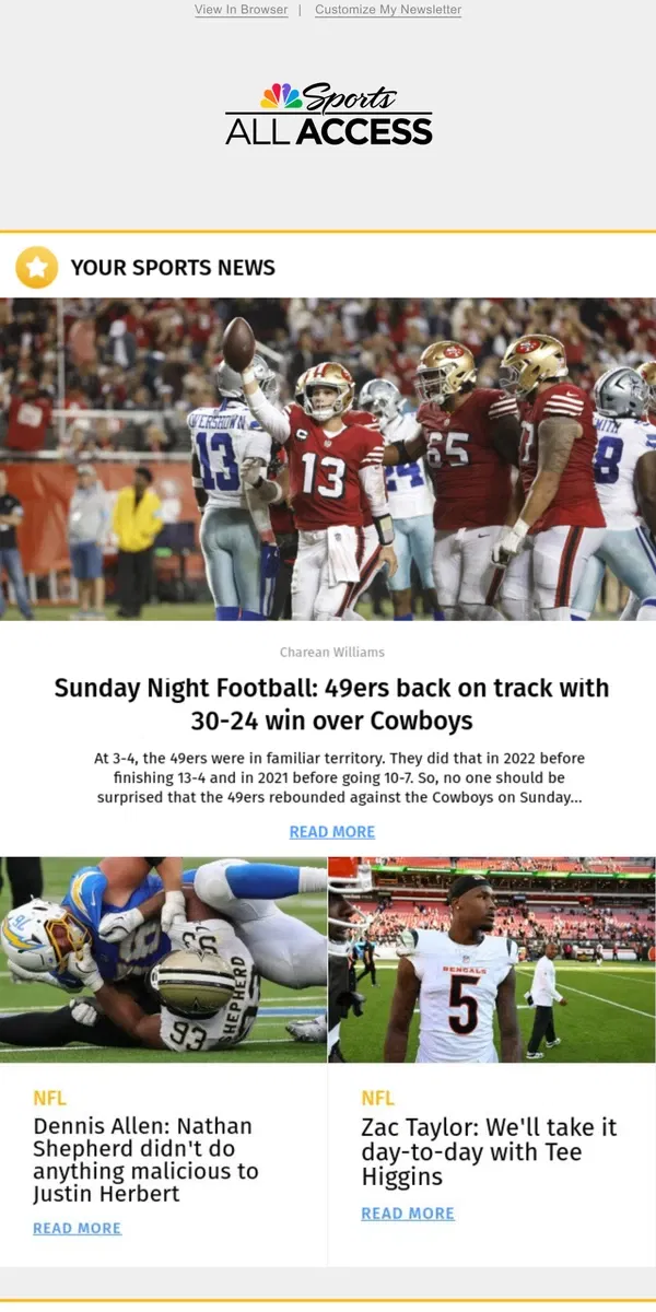 Email from NBC Sports. Sunday Night Football: 49ers back on track with 30-24 win over Cowboys