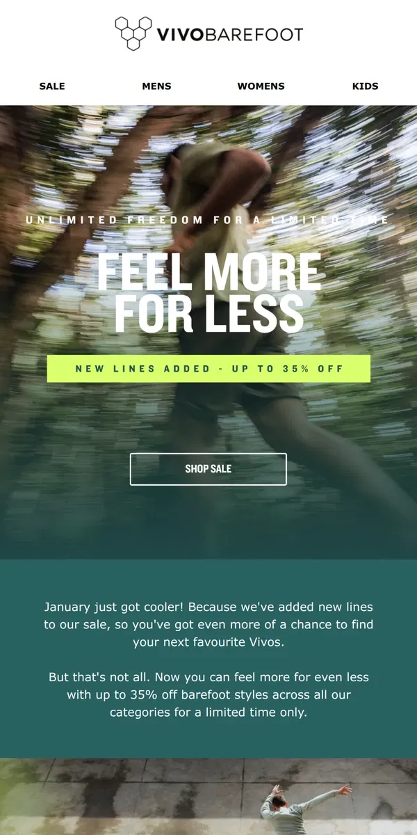 Email from Vivobarefoot. Now up to 35% off selected Vivos