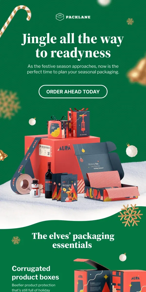 Email from Packlane. Jingle all the way to readyness | Order ahead today!